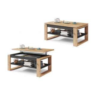 Sofabord Alvin 110 cm - Eik - Antrasitt - hev og senk stuebord - med hylle