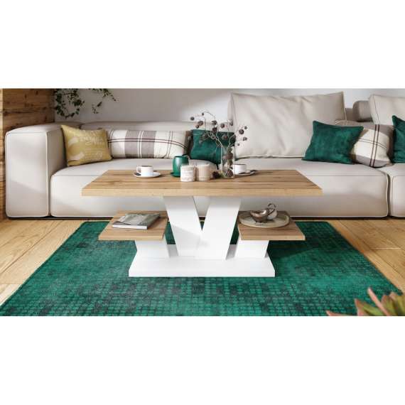 Sofabord Viva 110x45 cm - hvit matt - eik wotan - hyller