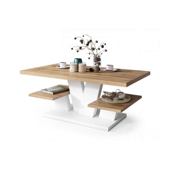 Sofabord Viva 110x45 cm - hvit matt - eik wotan - hyller