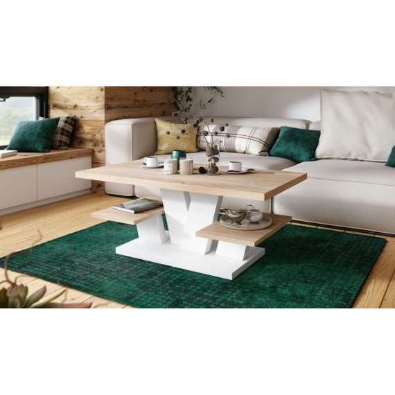 Sofabord Viva 110x45 cm - hvit matt - eik sonoma - hyller