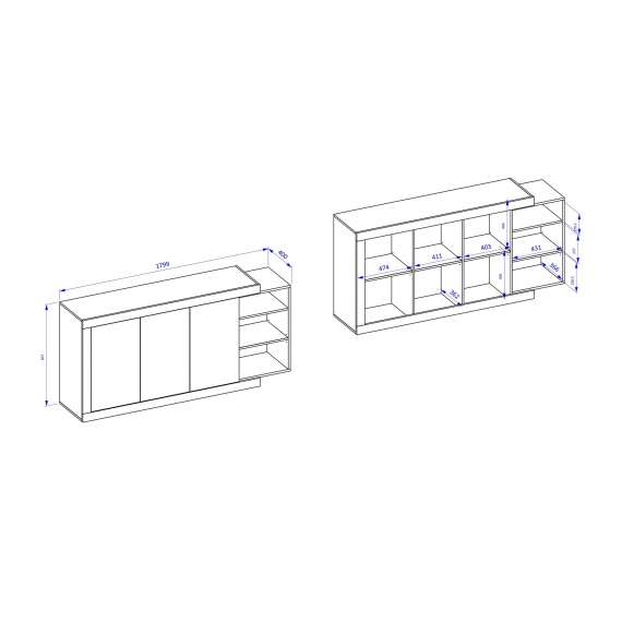 Skjenk Sintaro 180x86 cm - Hvit høyglans - 3 dører