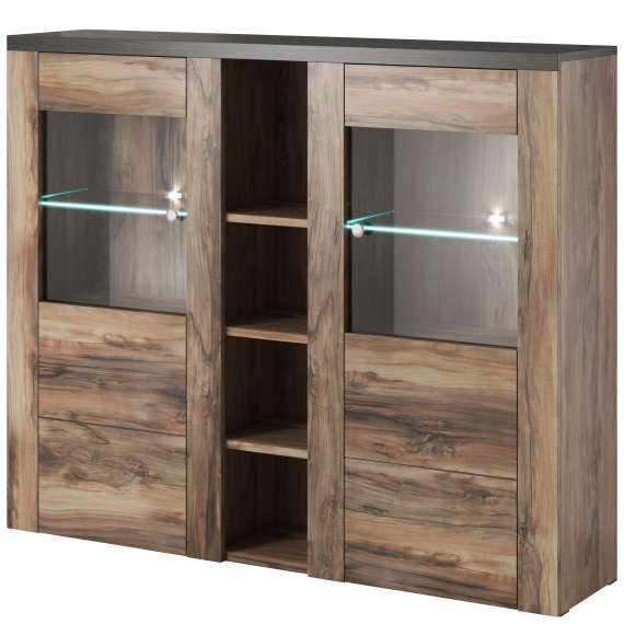 Vitrineskap Lorena 155x130 cm - Satin nøtt - 2 dører - LED