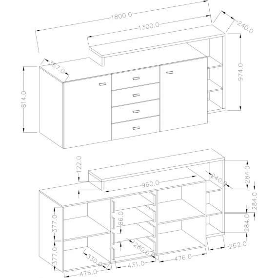 Skjenk Botta 180x98 cm -  Svart matt - 2 dører - 4 skuffer
