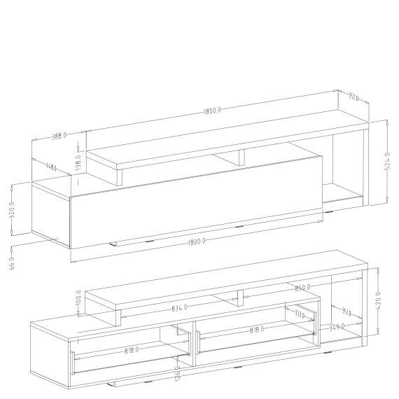 TV-benk Botta 219x52 cm -  Svart matt - 1 skuff