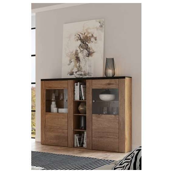 Vitrineskap Lerena 155x130 cm - Eik lefkas - Touchwood -  2 dører - LED