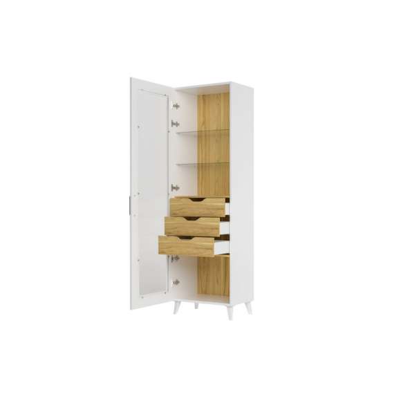 Vitrineskap Barro 60x200 cm - Hvit matt - Eik - 1 dør - 3 skuffer - LED
