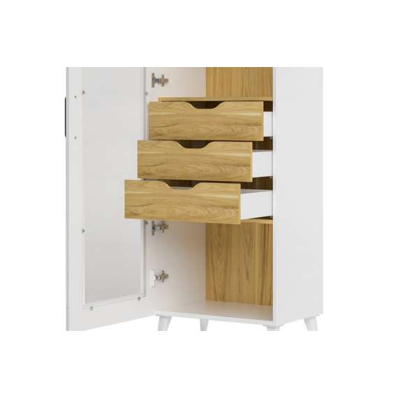 Vitrineskap Barro 60x200 cm - Hvit matt - Eik - 1 dør - 3 skuffer - LED