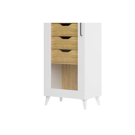 Vitrineskap Barro 60x200 cm - Hvit matt - Eik - 1 dør - 3 skuffer - LED