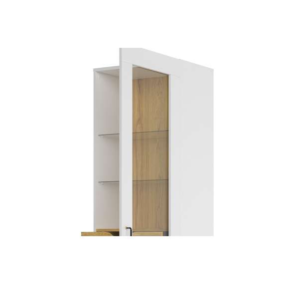 Vitrineskap Barro 60x200 cm - Hvit matt - Eik - 1 dør - 3 skuffer - LED