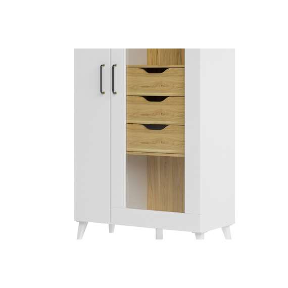 Vitrineskap Barro 86x200 cm - Hvit matt - Eik - 2 dører - 3 skuffer - LED
