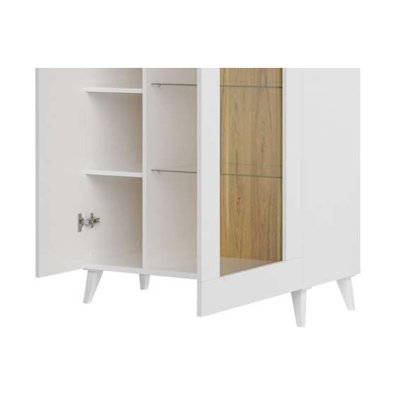 Vitrineskap Barro 86x137 cm - Hvit matt - Eik - 2 dører - LED
