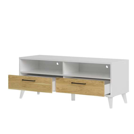 Tv-benk Barro 120x48 cm - Hvit matt - Eik - 2 skuffer