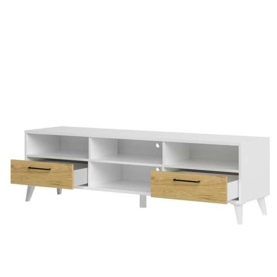 Tv-benk Barro 160x48 cm - Hvit matt - Eik - 2 skuffer