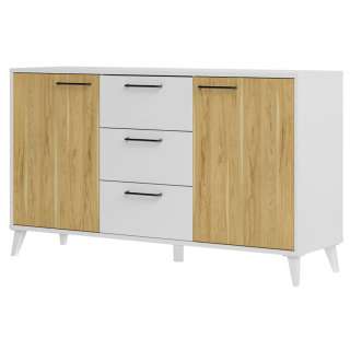 Skjenk Barro 140x83 cm - hvit matt - eik - 2 dører - 3 skuffer