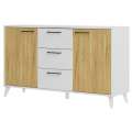 Skjenk Barro 140x83 cm - hvit matt - eik - 2 dører - 3 skuffer