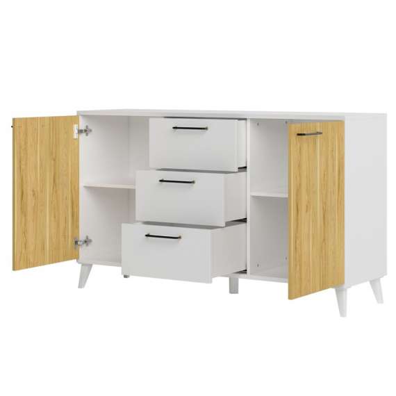 Skjenk Barro 140x83 cm - hvit matt - eik - 2 dører - 3 skuffer