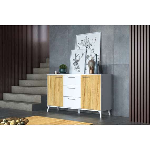 Skjenk Barro 140x83 cm - hvit matt - eik - 2 dører - 3 skuffer