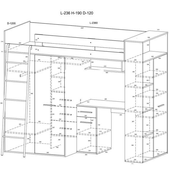 Loftseng Verano 236 cm - skrivebord/oppbevaring