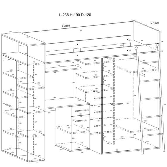 Loftseng Verano 236 cm - skrivebord/oppbevaring
