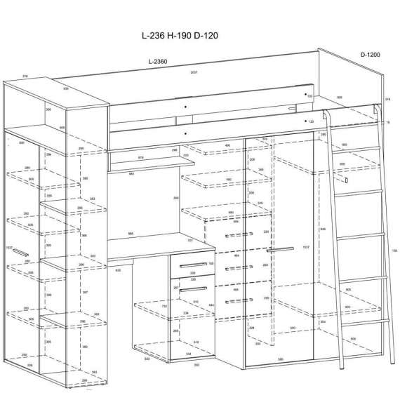 Loftseng Verano 236 cm - skrivebord/oppbevaring
