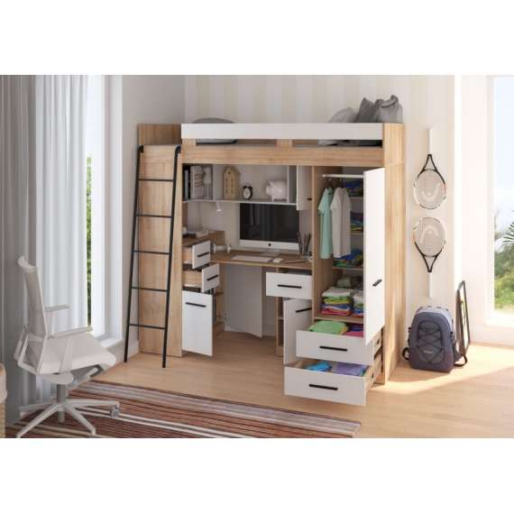 Loftseng Smiki 204 cm - skrivebord/oppbevaring