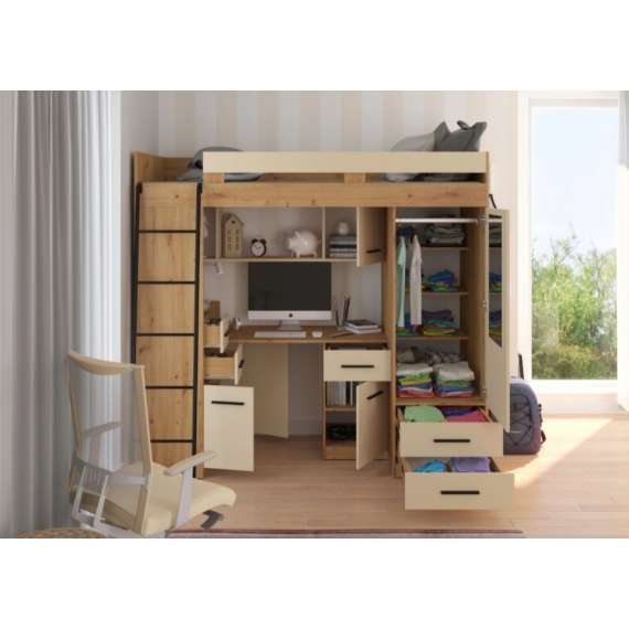 Loftseng Smiki 204 cm - skrivebord/oppbevaring