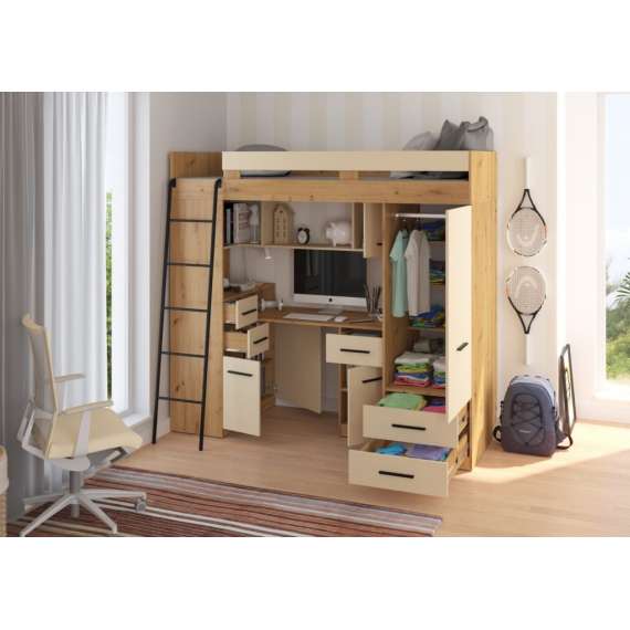 Loftseng Smiki 204 cm - skrivebord/oppbevaring