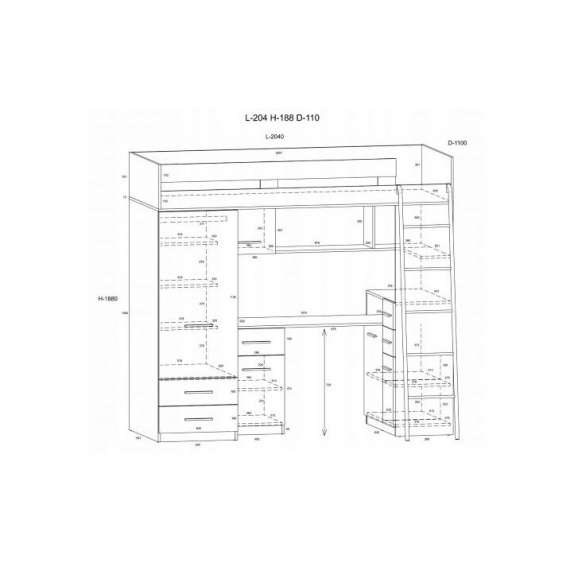 Loftseng Smiki 204 cm - skrivebord/oppbevaring