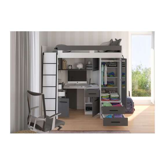 Loftseng Smiki 204 cm - skrivebord/oppbevaring