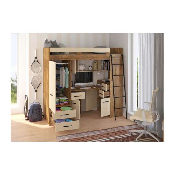 Loftseng Smiki 204 cm - skrivebord/oppbevaring