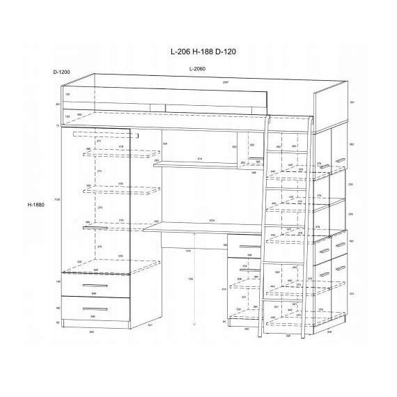 Loftseng Antre 206 cm - skrivebord/oppbevaring