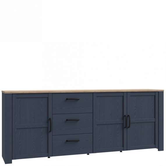 Skjenk Boho 221x87 cm - Mørkblå - Eik navy - 3 dører - 3 skuffer