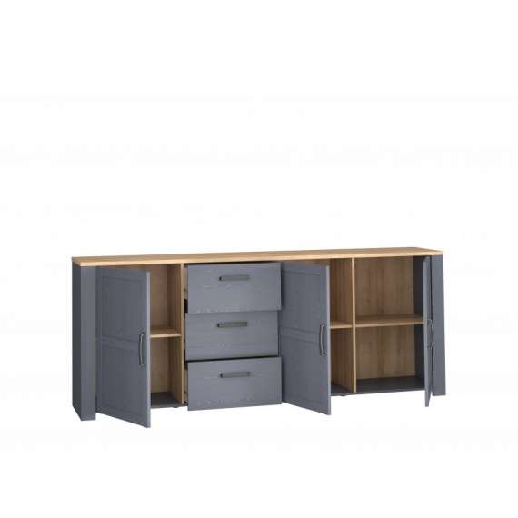 Skjenk Boho 221x87 cm - Mørkblå - Eik navy - 3 dører - 3 skuffer