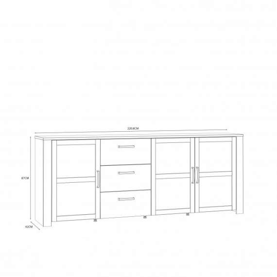 Skjenk Boho 221x87 cm - Mørkblå - Eik navy - 3 dører - 3 skuffer