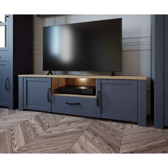 TV-benk Boho 166x52 cm - Mørkblå - Eik navy - 2 dører - 1 skuff