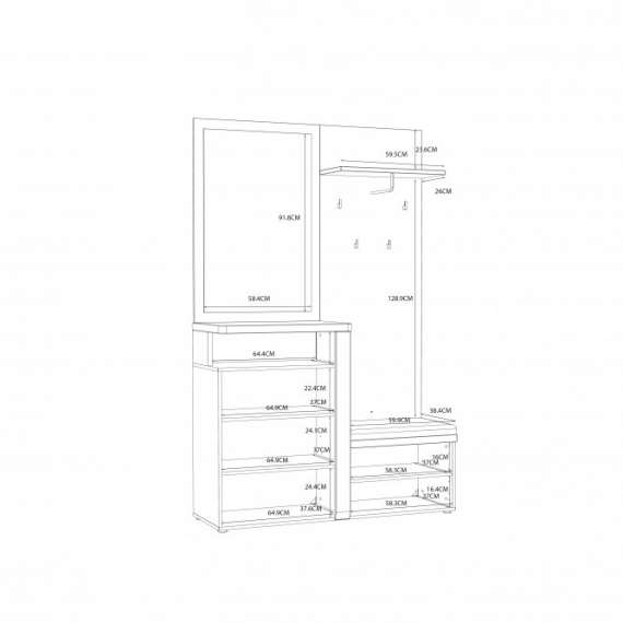 Garderobe - entré Tuluza 129x201 cm - eik artisan - hvit høyglans - med sittebenk