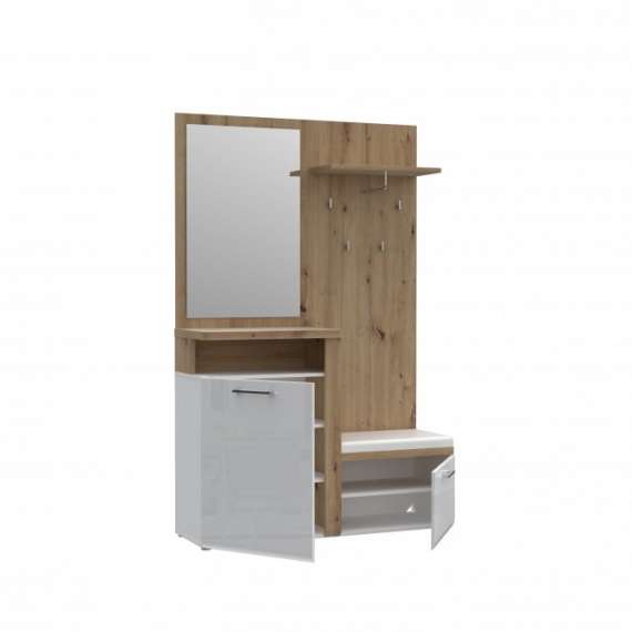 Garderobe - entré Tuluza 129x201 cm - eik artisan - hvit høyglans - med sittebenk