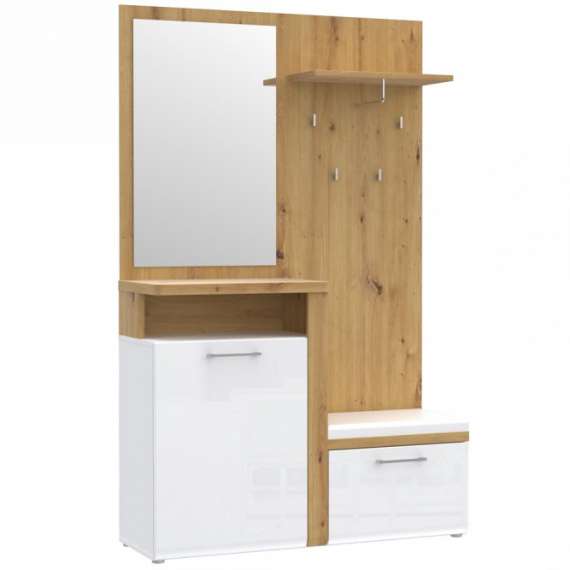 Garderobe - entré Tuluza 129x201 cm - eik artisan - hvit høyglans - med sittebenk