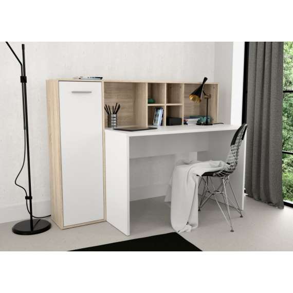 Skrivebord Eriado 158 cm - eik sonoma - hvit matt - med oppbevaring