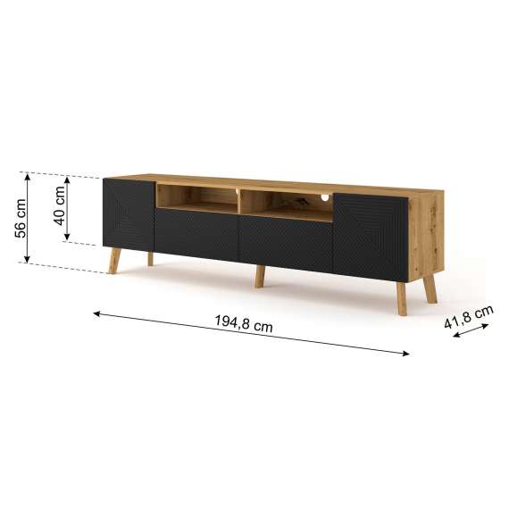 Tv-benk Luxi 195x56 cm - eik artisan - svart - 4 dører - med bein