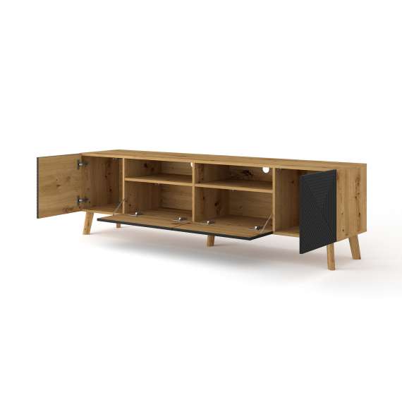 Tv-benk Luxi 195x56 cm - eik artisan - svart - 4 dører - med bein