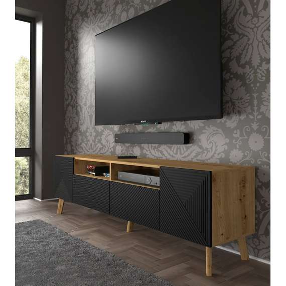 Tv-benk Luxi 195x56 cm - eik artisan - svart - 4 dører - med bein