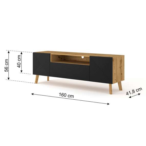 Tv-benk Luxi 160x56 cm - eik artisan - svart - 3 dører - med bein