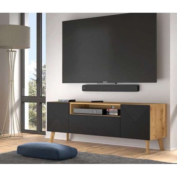 Tv-benk Luxi 160x56 cm - eik artisan - svart - 3 dører - med bein
