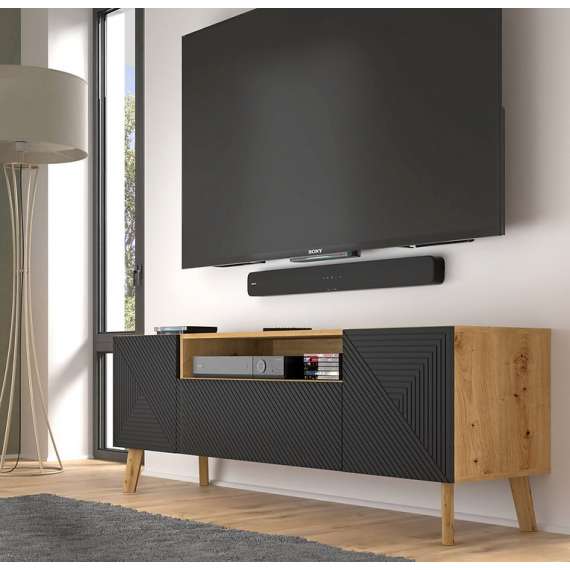 Tv-benk Luxi 160x56 cm - eik artisan - svart - 3 dører - med bein