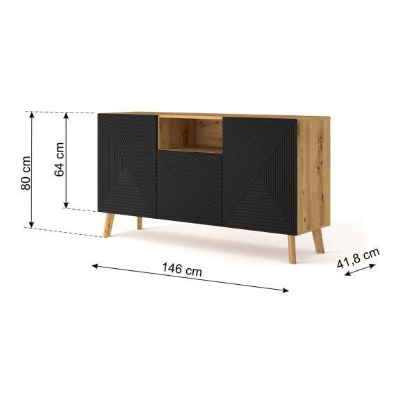 Skjenk Luxi 146x80 cm - eik artisan - svart - 3 dører - med bein