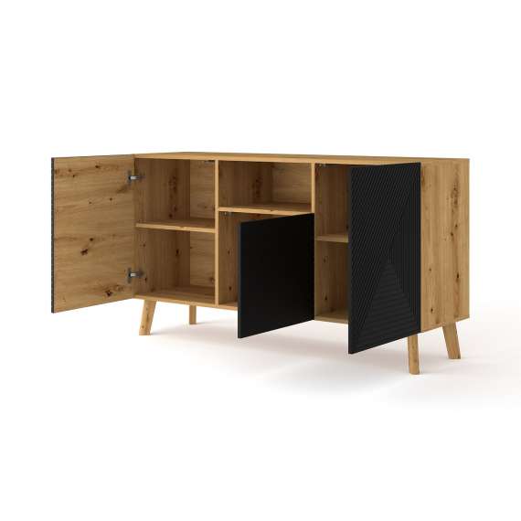 Skjenk Luxi 146x80 cm - eik artisan - svart - 3 dører - med bein