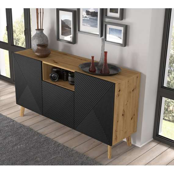 Skjenk Luxi 146x80 cm - eik artisan - svart - 3 dører - med bein