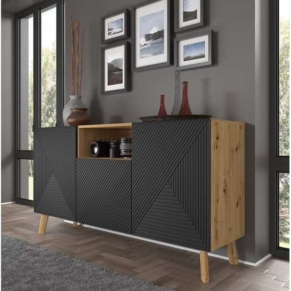 Skjenk Luxi 146x80 cm - eik artisan - svart - 3 dører - med bein