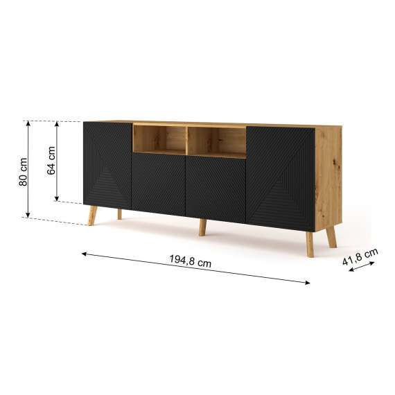Skjenk Luxi 195x80 cm - eik artisan - svart - 4 dører - med bein
